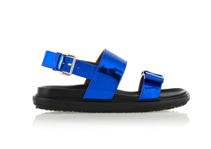 Metallics: Metallics - shiny blue flat sandals with black sole by Marni