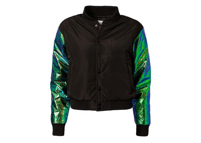 Metallics: Metallics - black bomer jacket with green metallic sleeves by Nelly.com