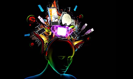 Woman with various technology items coming from her head. Image shot 2011. Exact date unknown.