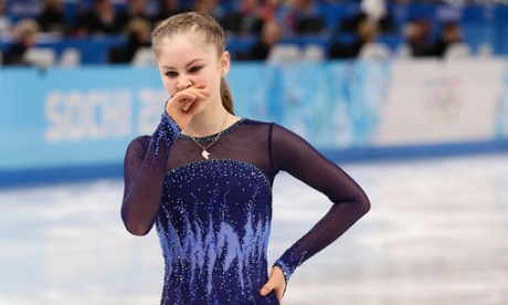 Julia Lipnitskaya of Russia leaves the ice after after falling in her routine in the women's short program figure skating competitio during the 2014 Winter Olympics.