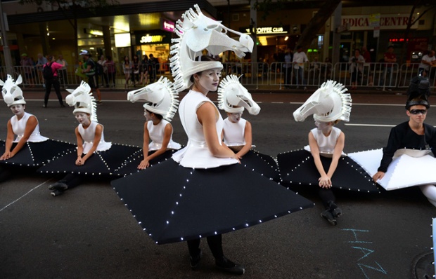Dancers dressed as horses wait for Sydney's Chinese New Year Parade to begin.