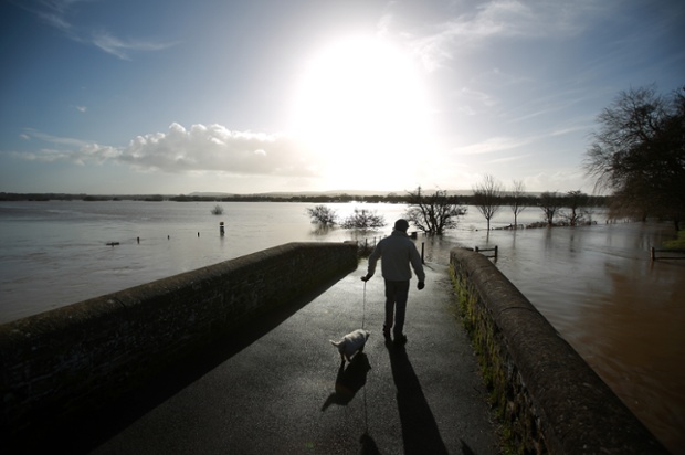 High water levels on the Arun flood plain as a man walks his dog in Pulborough, England.