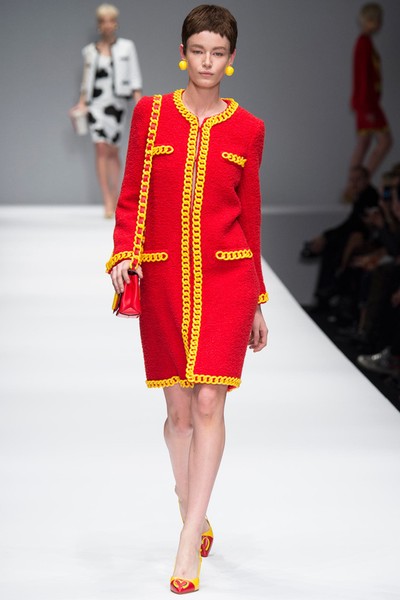 Moschino AW14: Jeremy Scott for Moschino - red boucle coat with yellow chain fringing