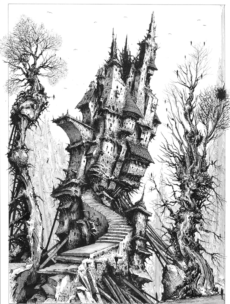 Tarot card - The Tower 2008  B/w pen -ink -illustration board. I thought it might be interesting to create a set of Tarot cards. I think there are twenty or so in the primary set.  I drew eight or nine  of them, then abandoned the project. It happens.