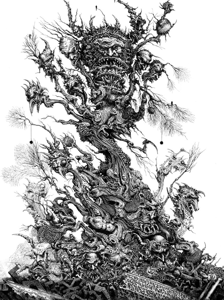 Chaos tree 1980's   Ink dip pen/crow nib -  rotting technical pen - paper.  This image was created for Games Workshop and featured in the volume Realms of Chaos.  I was in no way constrained in how I chose to interpret the subject matter. For some reason, my style of drawing fitted in well with the Games Workshop 'Mythos' and Realms of Chaos World.