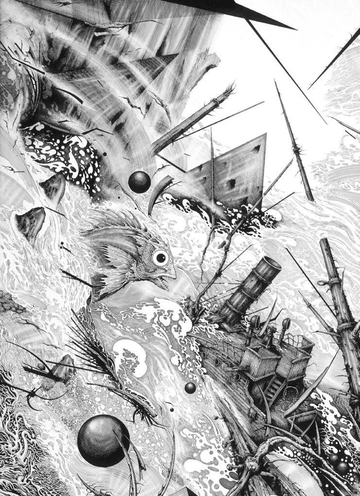 Ian Miller. Descent into the Maelstrom  Based on the story by Edgar Allan Poe. Ink on illustration board dip and technical pen. This is a section from one of four large b/w interlocking panels for a multimedia project involving a filmmaker and weaver. I was asked / commissioned to illustrate Poe's story and I chose to do so in a series of large b/w panels. I had intended doing six of these, perhaps more, to capture the magnitude of the great whirlpool, but for reasons beyond my ken, the project foundered part way through and died a death. Both the film and weaving aspects of the project were absolutely fascinating. It's a real shame it never got finished.