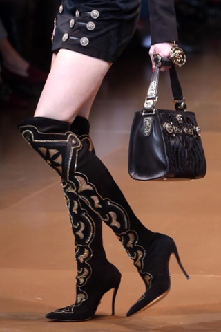 Signature boots and bag with gold brocade details by Versace in their Fall/Winter 2014/2015 Women's collection.