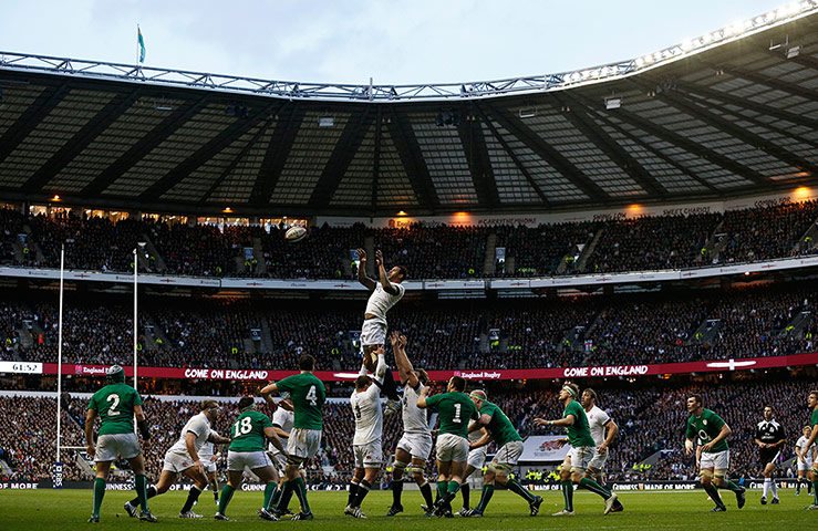 England v Ireland: Courtney Lawes catches a line-out near the Irish line