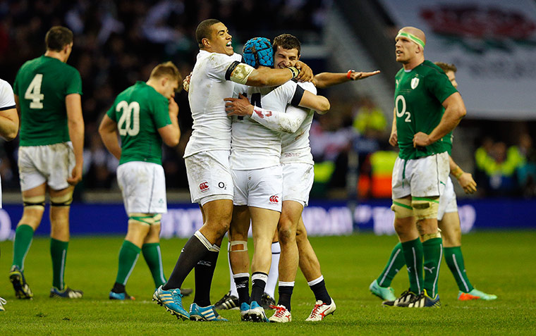 England v Ireland: Luther Burrell, Jack Nowell and Jonny May celebrate