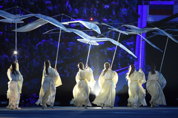 Dancers perform during the Closing Ceremony of the Sochi Winter Olympics at the Fisht Olympic Stadium.