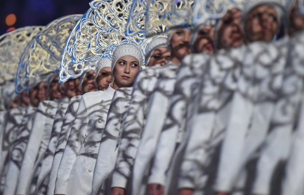Performers take part in the Closing Ceremony of the Sochi Winter Olympics at the Fisht Olympic Stadium.