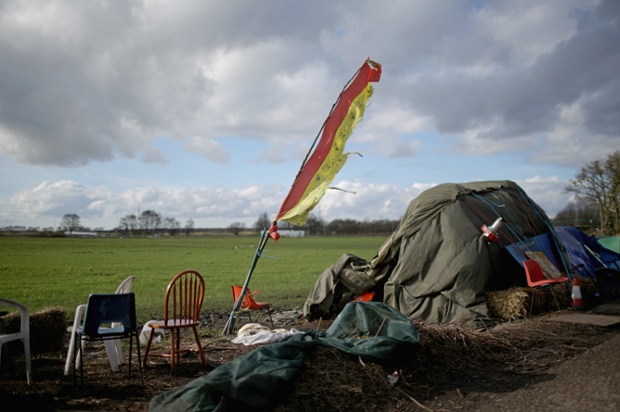 Tents and furniture of anti-fracking campaigners line the road near the Igas Barton Moss exploration facility in Barton, England.
