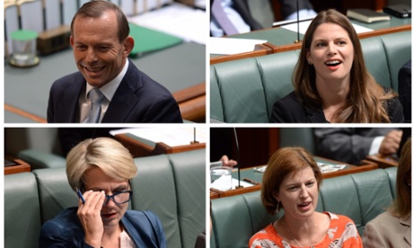 Sequence of pictures of female opposition MPs Tanya Plibersek, Kate Ellis and Julie Collins reacting Prime Minister Tony Abbott's comments about the paid parental leave scheme during question time in the House of Representatives at Parliament House in Canberra, Tuesday, Feb. 25, 2014.