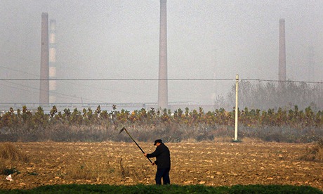 Một nông dân chuyển đất trồng cây bao quanh bởi ô nhiễm