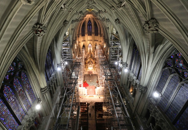 St Patrick's Cathedral is filled with scaffolding in New York. The cathedral's renovation is scheduled to be completed at the end of 2015.
