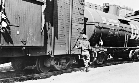 Boy hops train 1940s