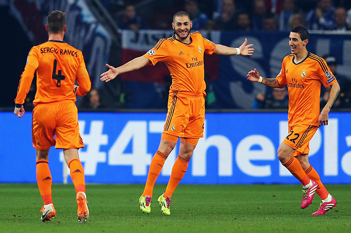 madrid drubbing: Karim Benzema of Madrid celebrates his team's first goal