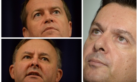 Opposition Leader Bill Shorten, shadow transport minister Anthony Albamese and Independent Senator Nick Xenophon comment on today's Qantas announcements during a press conference at Parliament House in Canberra, Thursday, Feb. 27, 2014.