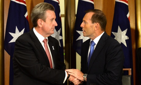 Prime Minister Tony Abbott and NSW premier Barry O'Farrell after signing a Murray Darling basin Agreement in Canberra, Thursday, Feb. 27, 2014.