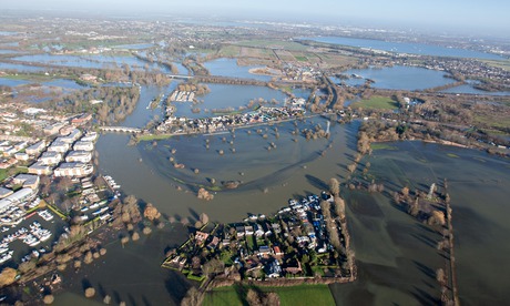 Aerial view of flood waters in Chertsey, Surrey