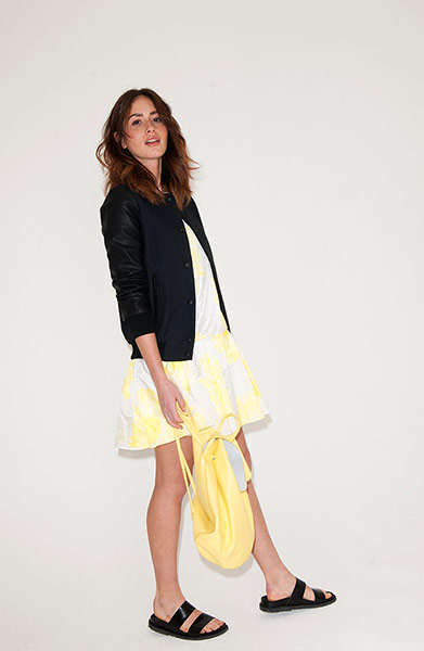 All Ages yellow: yellow dress black bomber jacket black sandals yellow bag
