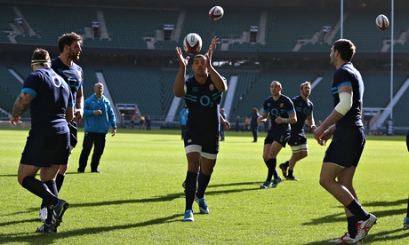 Luther Burrell, centre, during an England training session in preparation for the game against Wales