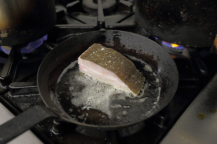 Turbot fishing gallery: The turbot steak sizzles in the pan for three to four minutes