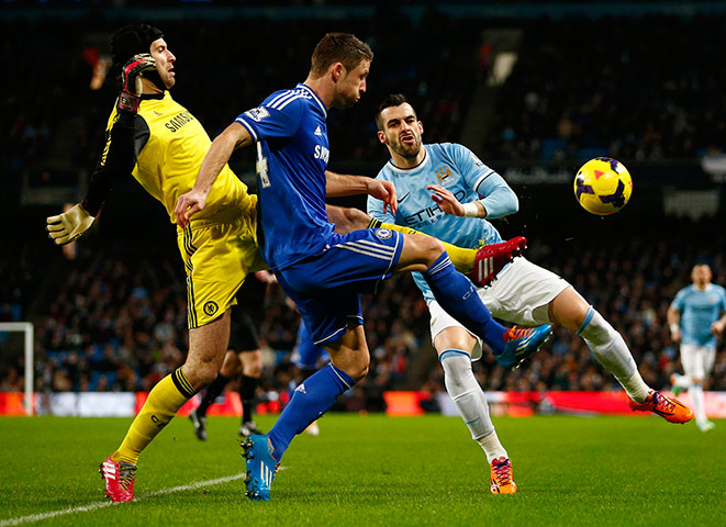 City v Chelsea: Manchester City's Negredo challenges Chelsea's Cech and Cahill