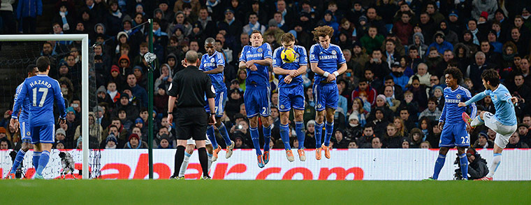 City v Chelsea: Manchester City's Spanish midfielder David Silva hits a free-kick