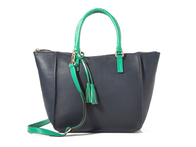 20 affordable handbags: Affordable handbags - navy leather with green handles and strap by boden