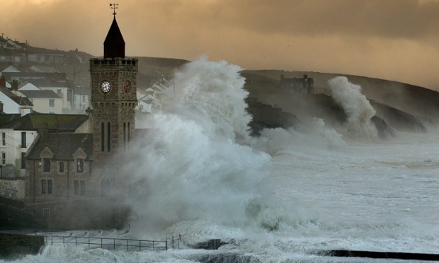 The sea rages as it thrashes the coast at Porthleven, Cornwall. Some of the largest waves in the world have smashed into the Westcountry coast today.