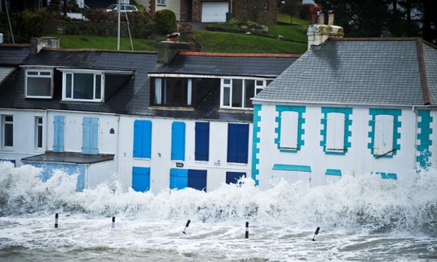 Waves batter against Portmellon in Cornwall.