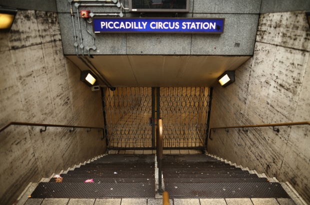 A closed entrance to Piccadilly Circus.