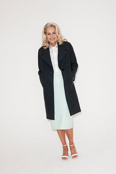 All Ages: white shirt overcoat dark grey white sansal pale blue skirt