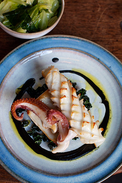 Peter Weeden's jig-caught squid with black cabbage and ink sauce