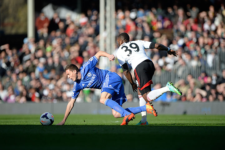 fulham v chelsea: Darren Bent tussles with Chelsea's Nemanja Matic 
