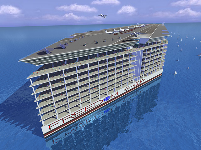 Floating cities: Freedom Ship would essentially be a mile-long flat-bottomed barge with a hi