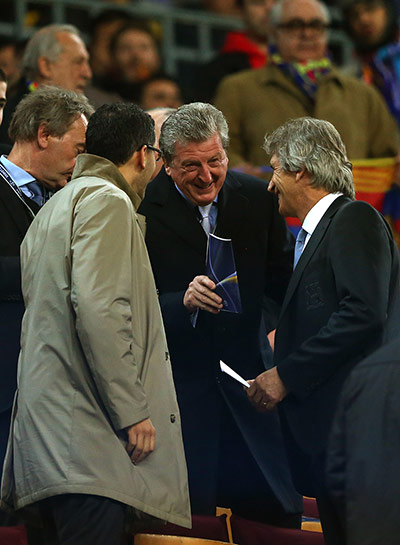 Barca v City: England manager Roy Hodgson chats with City manager Manuel Pellegrini