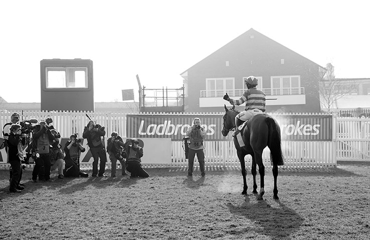 Cheltenham in b/w: More of That and Barry Geraghty pose for their pictures