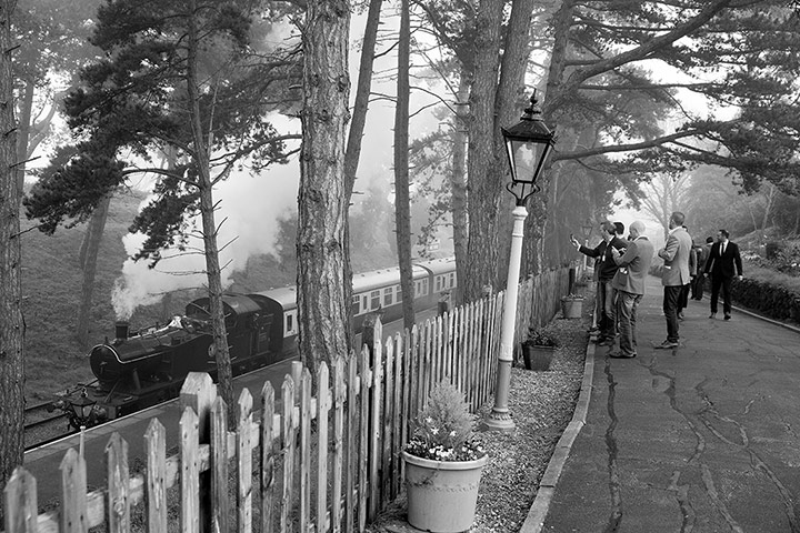 Cheltenham in b/w: A special steam train packed with punters