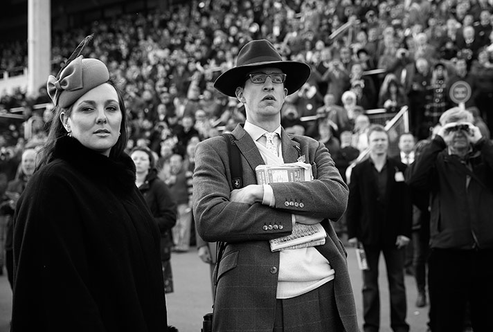 Cheltenham in b/w: Racegoers watch the action