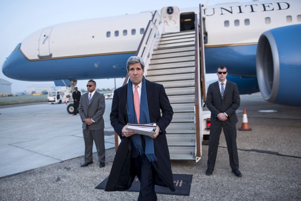 John Kerry arrives at London Stansted Airport.