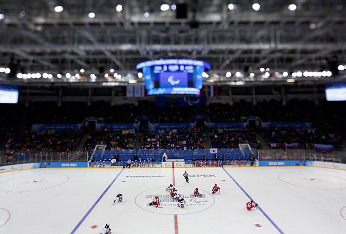 looking back: paralympics: Ice Sledge Hockey match between the USA and Korea