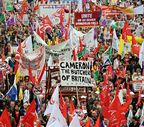 The 2011 TUC March for the Alternative in London, protesting against government spending cuts.