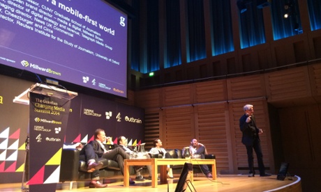 Jeff Jarvis on stage with Google Glass. 