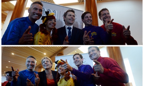 Labor MPs Jason Clare and Tanya Plibersek pose for photographs with the Wiggles.
