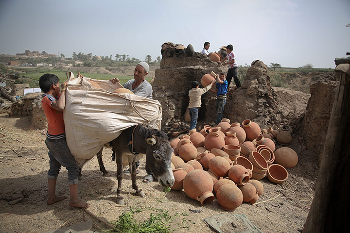 Egypt pottery: Finished pots are loaded onto the back of a donkey