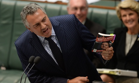 Treasurer Joe Hockey gives a plug to Chris Bowen's book.