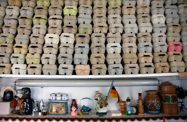 Add splash of eggshell to your walls? Egg boxes for storing painted Easter eggs are stacked in Saalfeld, Germany.