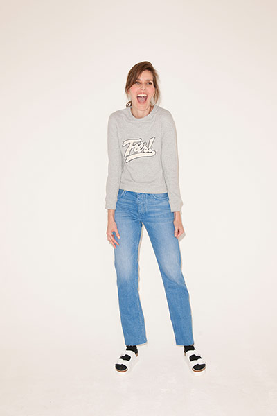 All Ages: grey sweatshirt with writing jeans flat sandals 